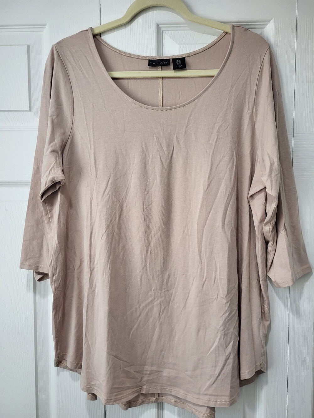 Tahari Plus Scoop Neck 3/4 Sleeve Top - Light Beige